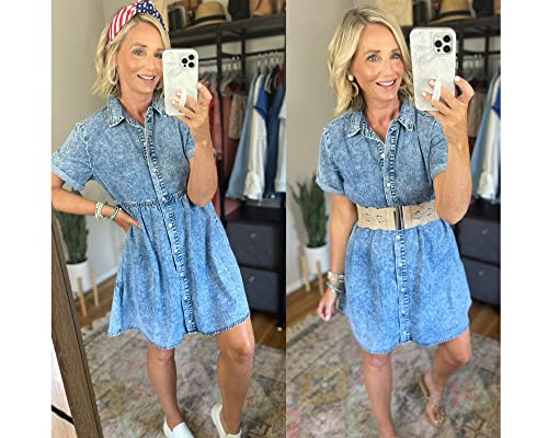 luvamia Women s Casual Short Sleeve Button Down Tiered Denim Babydoll Jean Dress
