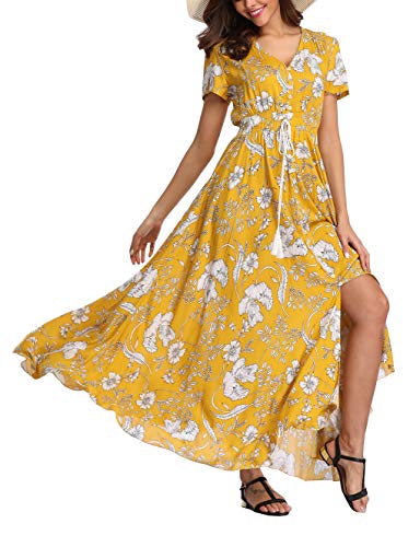 V Fashion Women s Floral Maxi Dress Button Up Split Summer Boho Long Beach Dress