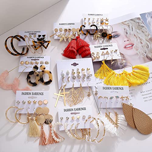 Earrings Set for Women Girls, Funtopia 61 Pairs Fashion Tassel Earrings Acrylic Hoop Stud Drop Dangle Earrings for Birthday Party Gift, Assorted Styles and Colors