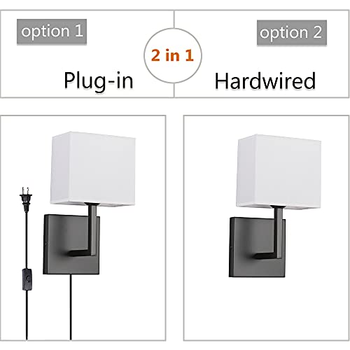 Plug in Wall Sconce Set of 2, Indoor Bedside Wall Lamp Light with Plug-in Cord and On Off Toggle Switch, Vintage Industrial Nightstand Lamps with White Fabric Square Lamp Shade for Living Room, Black